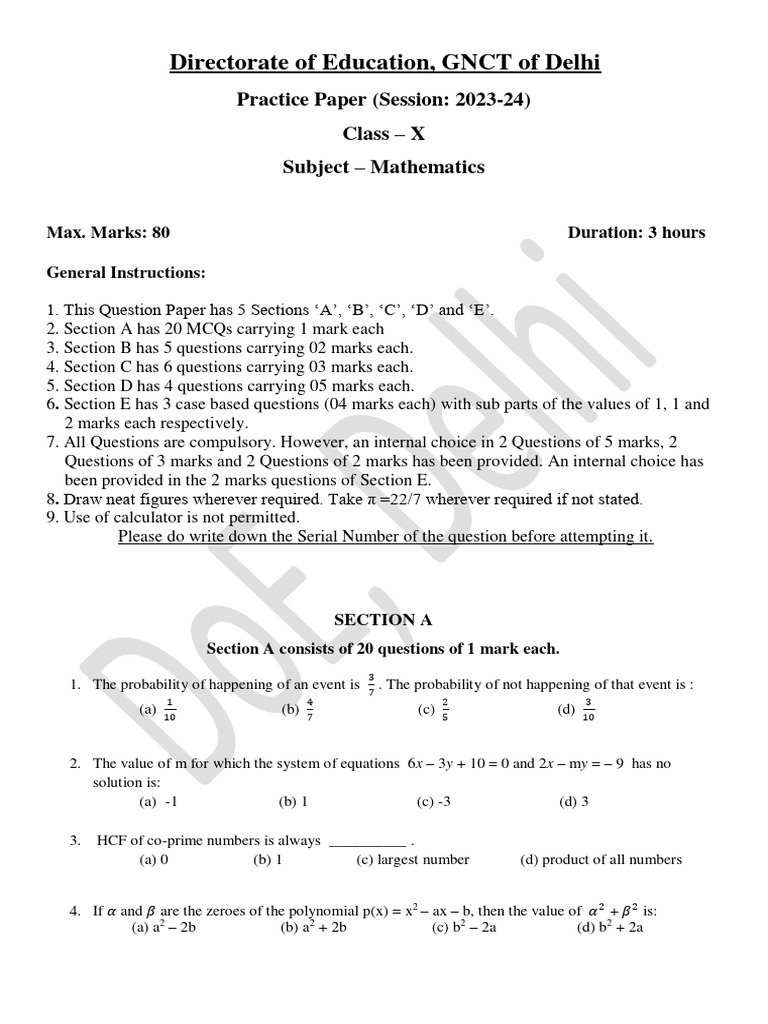 Class 10 Maths Practice Paper 2023-24 | PDF | Circle | Mathematics