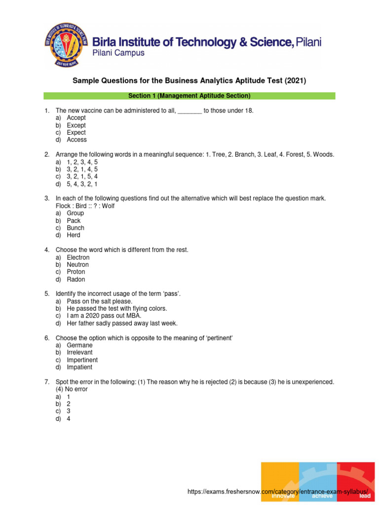 BITS Pilani MBA Sample Papers | PDF | Matrix (Mathematics) | Immune System