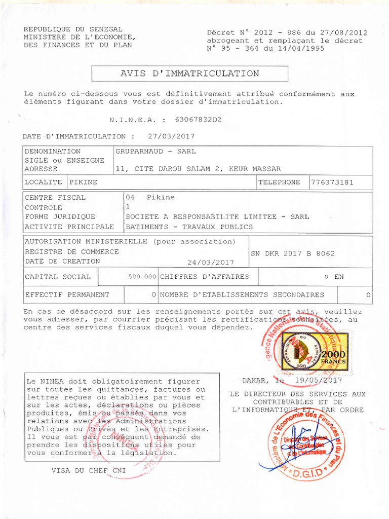 Signification et Immatriculation NINEA Sénégal | PDF