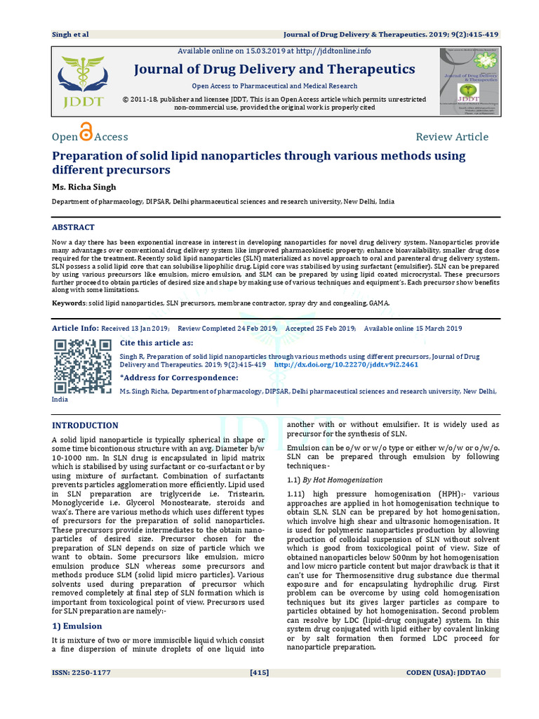 Preparation of Solid Lipid Nanoparticles Through V | PDF | Emulsion ...