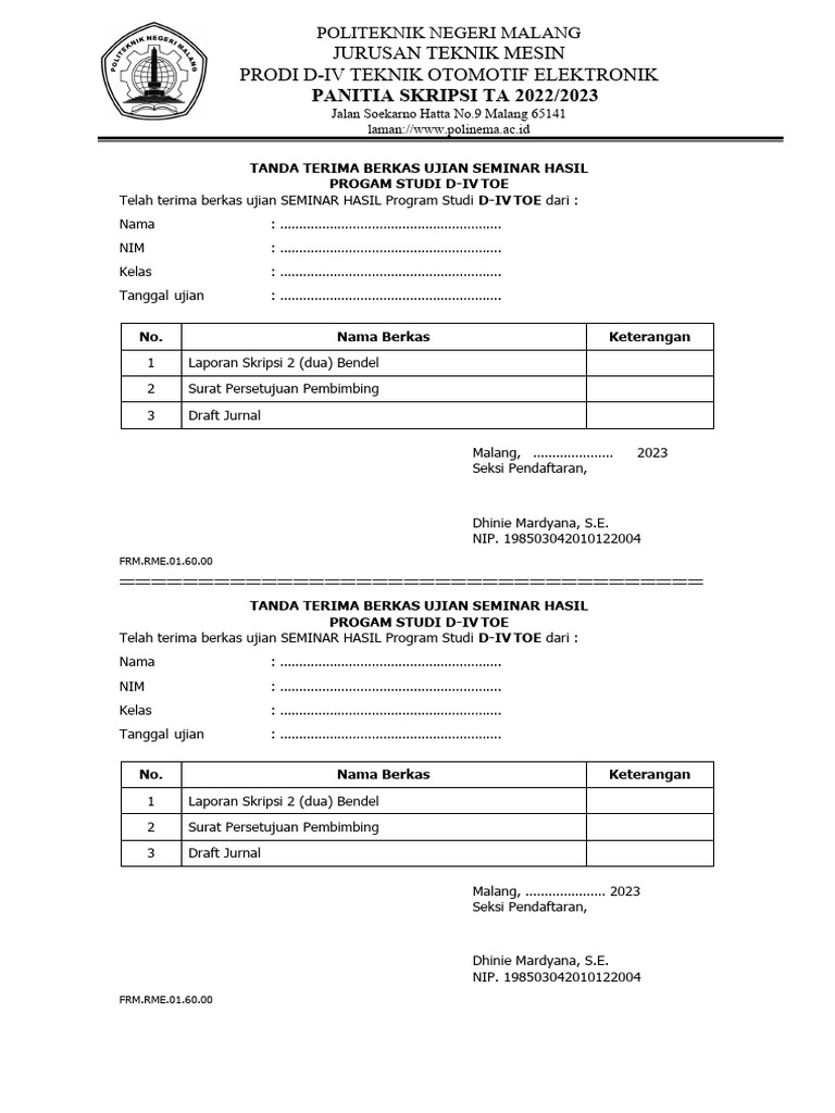 2223 Tanda Terima Berkas Semhas D4 Toe | PDF