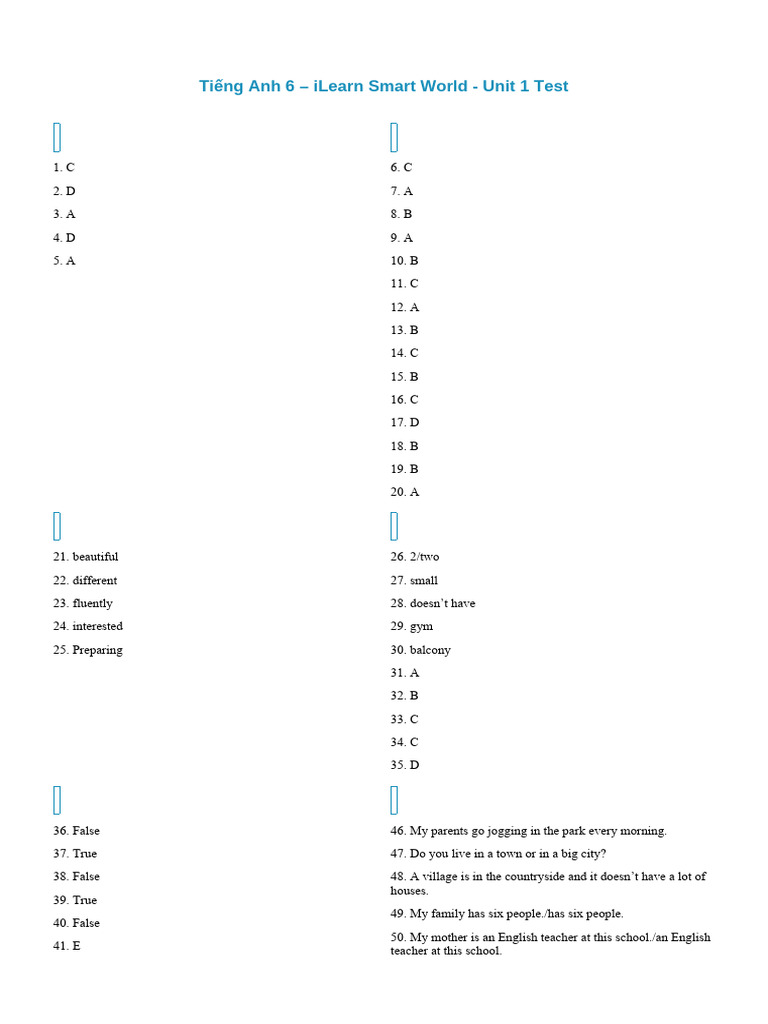 Tieng anh 6 ilearn smart world unit 1 test answer key pdf