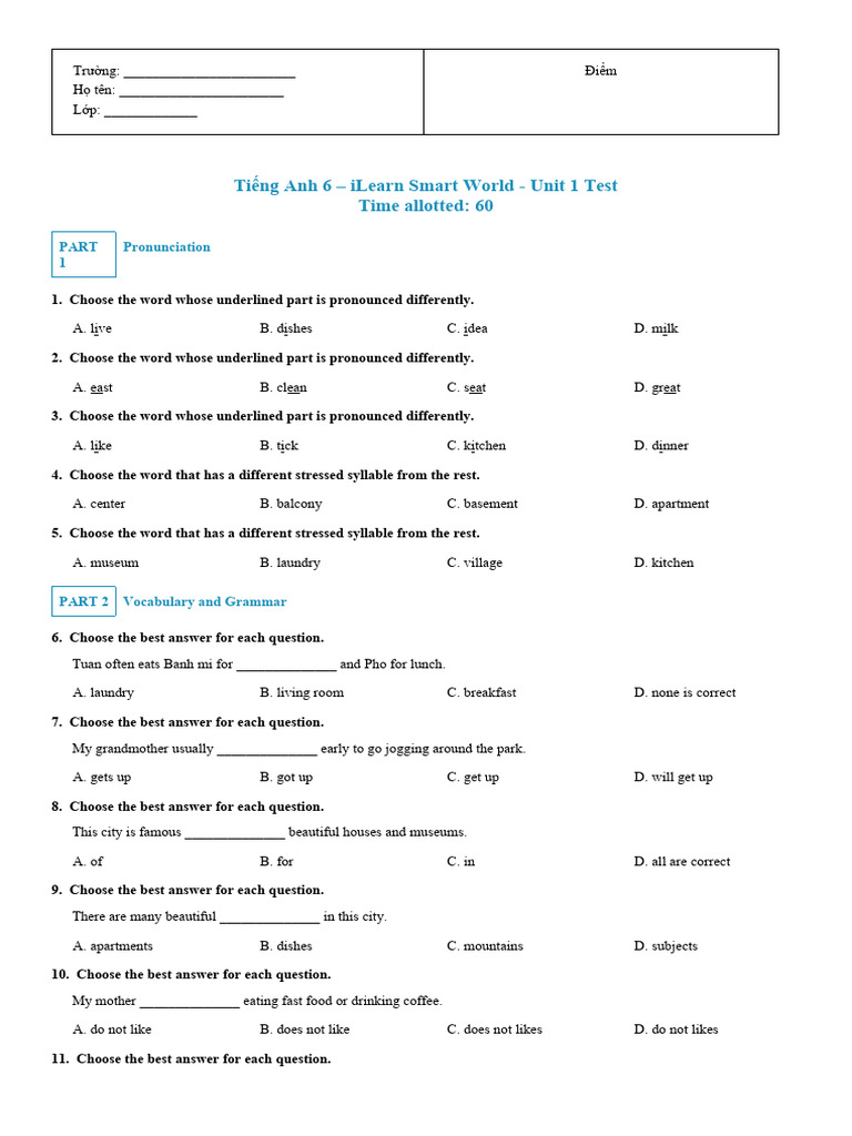 Tieng Anh 6 Ilearn Smart World Unit 1 Test | PDF | Language Arts ...