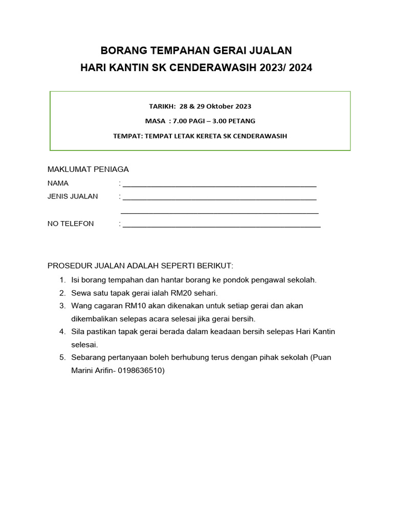 Borang Tempahan Gerai Jualan | PDF