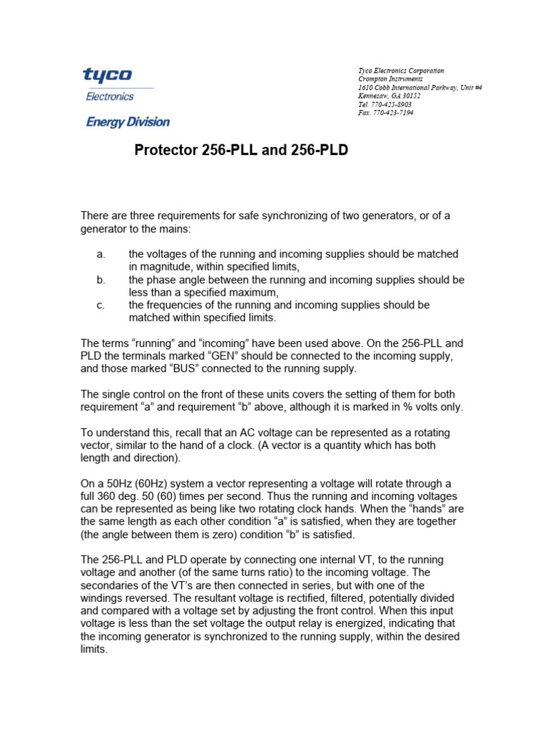 Crompton 256-PLL Synchronization Guide | PDF | Voltage | Electric Generator