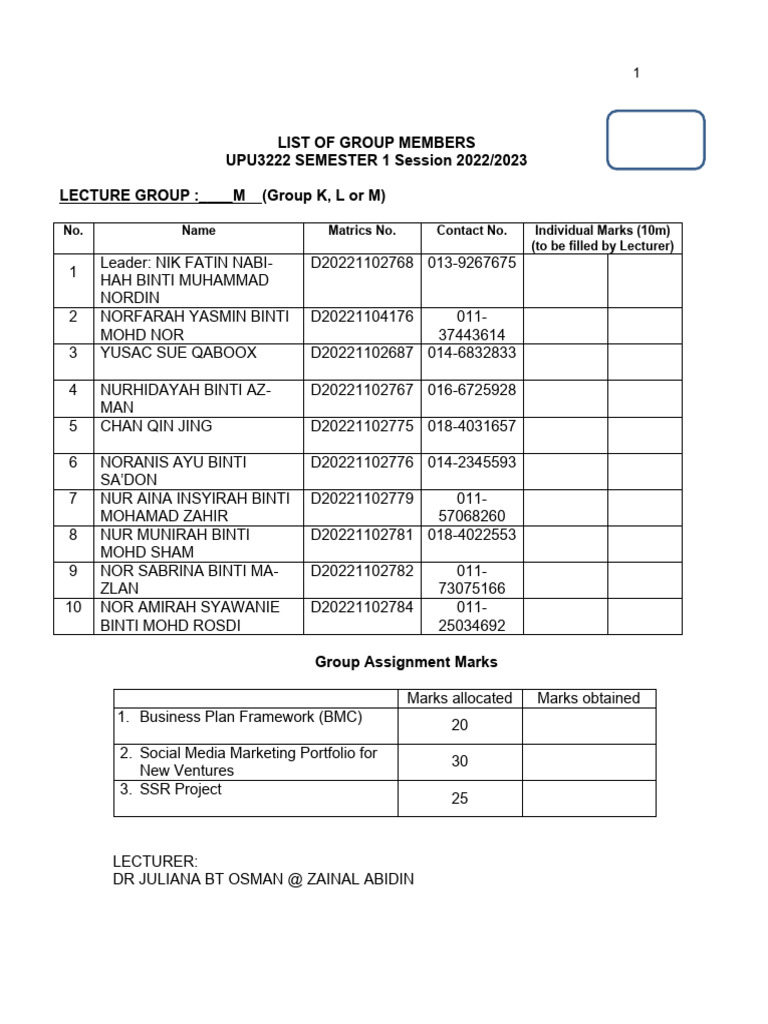 UPU3222 Group Members List 2022/2023 | PDF