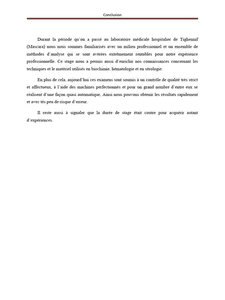 Conclusion du stage en laboratoire médical | PDF | Technologie et ...