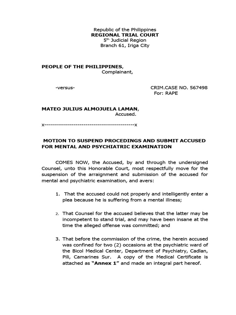 Motion for Psychiatric Evaluation in Rape Case | PDF | Psychiatry ...