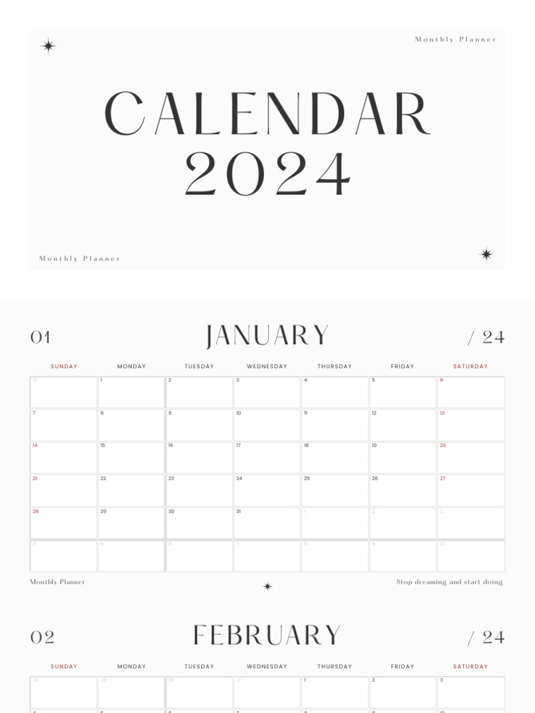 Gray and White Minimalist Clean 2024 Monthly Calendar PDF
