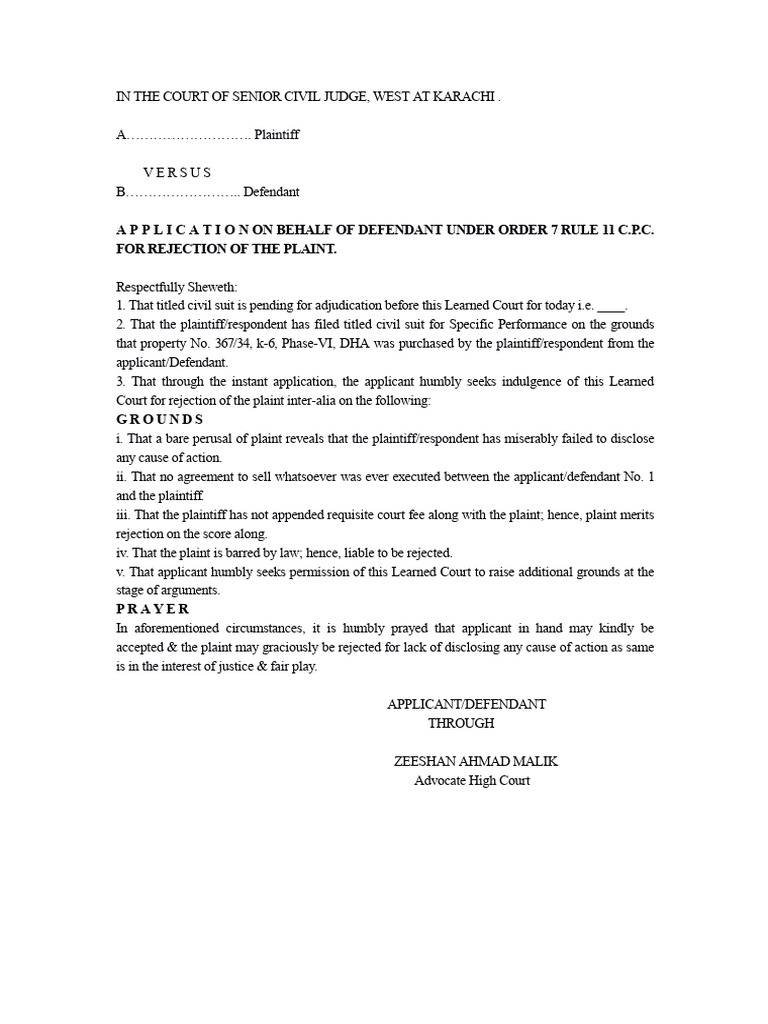 Order 7 rule 11 application pdf