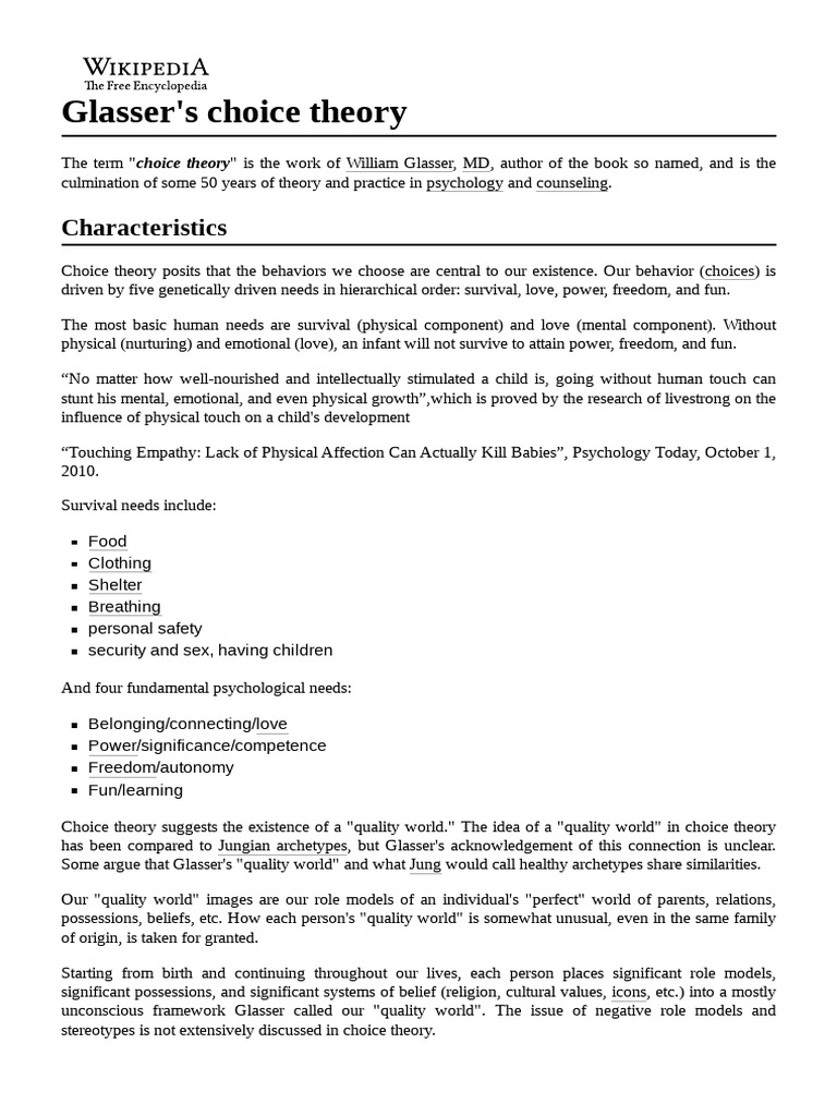 Glasser's Choice Theory PDF Psychology Cognition