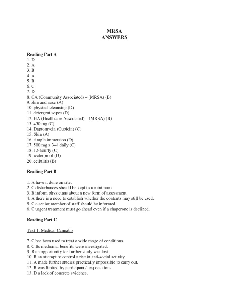Mrsa headache oet reading subtest part a practice answer pdf