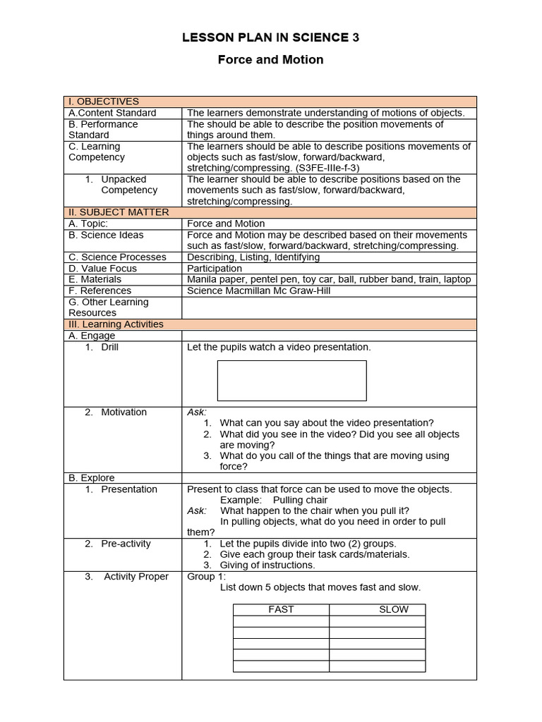 Grade 3 Force and Motion Lesson Plan | PDF | Force | Learning