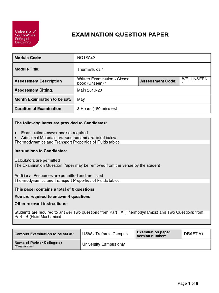 Thermofluids 1 Examination Paper | PDF | Fluid Dynamics | Heat