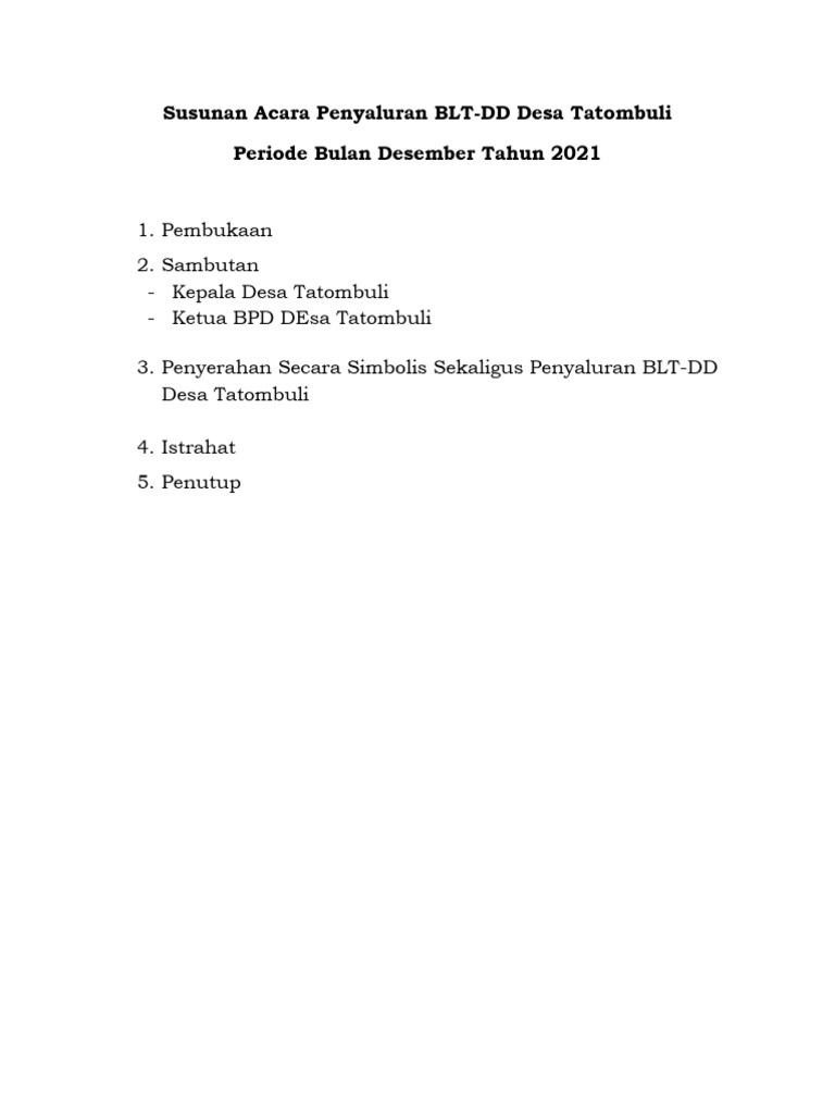 Susunan Acara Penyaluran BLT-DD 2021 | PDF