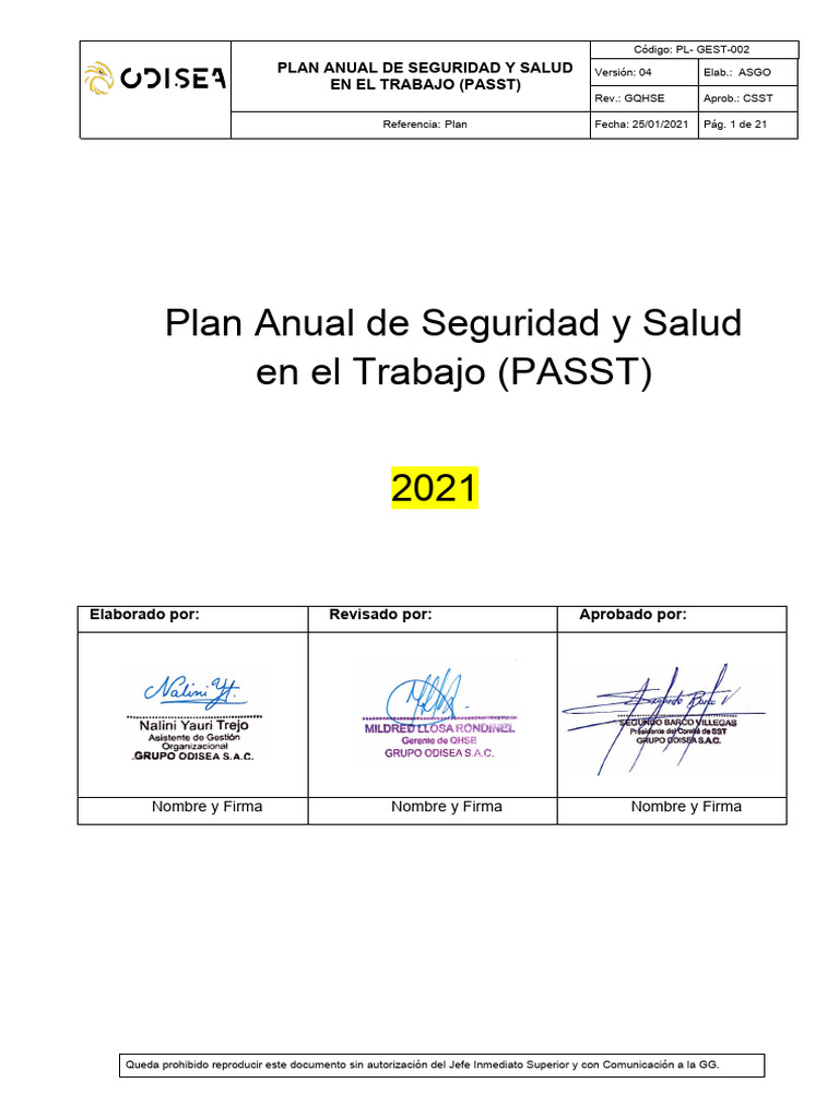 PL-GEST-002 Plan Anual de Seguridad y Salud en El Trabajo - 2021 V4 ...