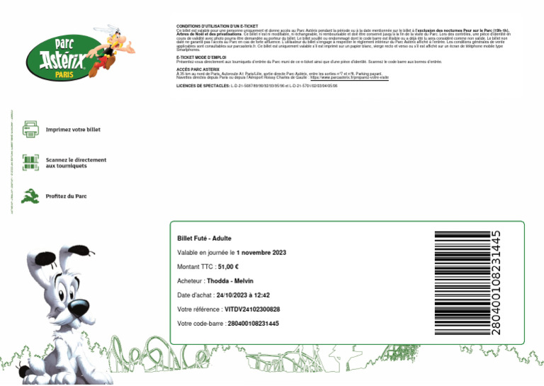 Conditions d'utilisation e-ticket Parc Astérix