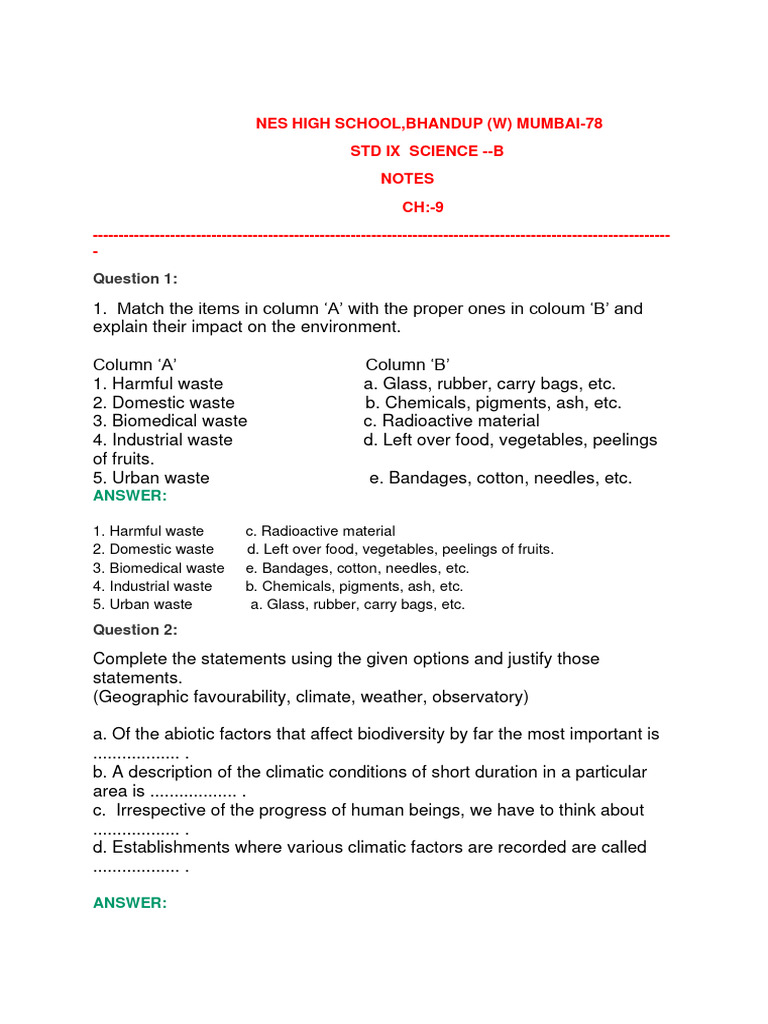 STD.9, SCI B, CH.9 Notes | PDF | Biodegradation | Plastic