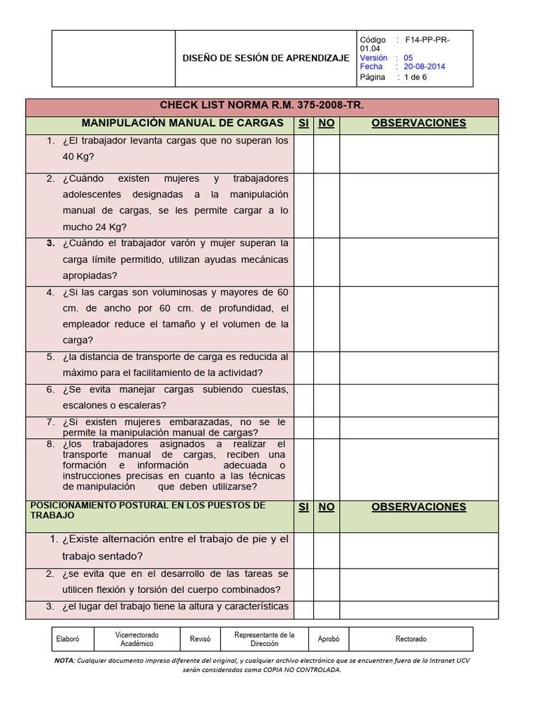 Taller - Check List RM 375-2008-TR-344 | PDF