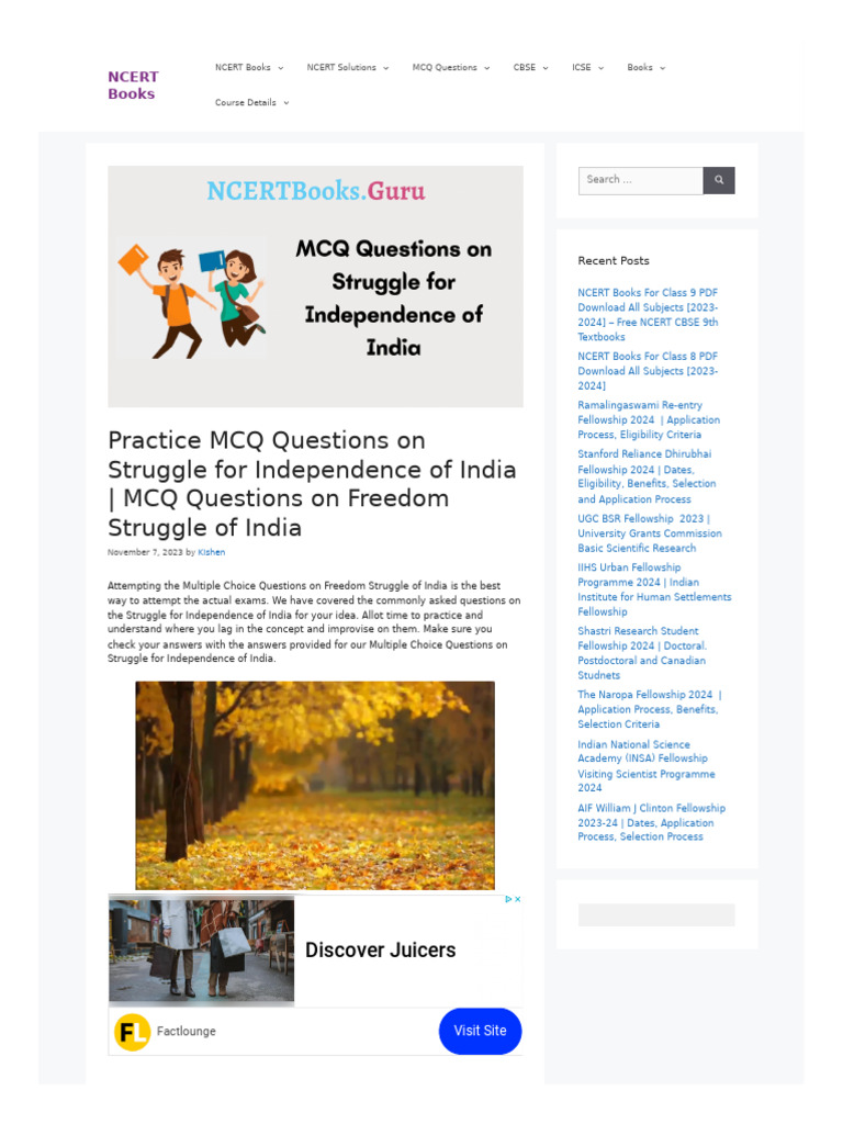 WWW Ncertbooks Guru MCQ Questions On Struggle For Independence of India ...