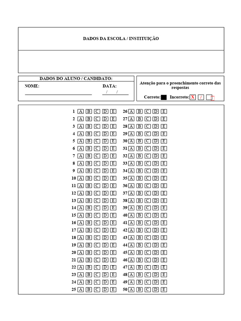 Modelo de Folha de Respostas 50 e 100 Questoes | PDF | Microsoft Excel ...