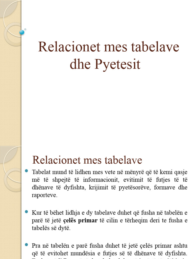 Relacionet Mes Tabelave Dhe Pyetc3absit Access | PDF