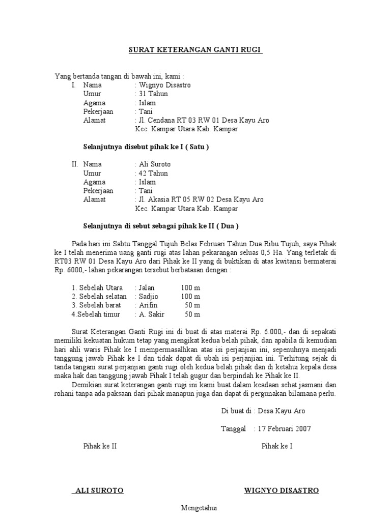 Surat Keterangan Ganti Rugi Jabatan dalam Perusahaan.