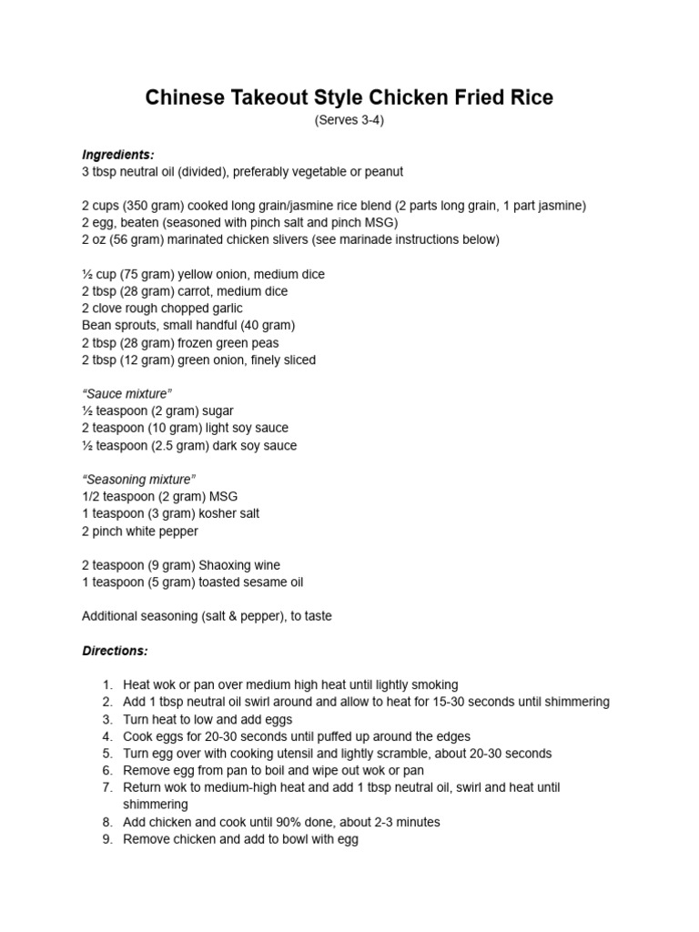 Chinese Takeout Chicken Fried Rice | PDF | Chinese Cuisine | Nutrition