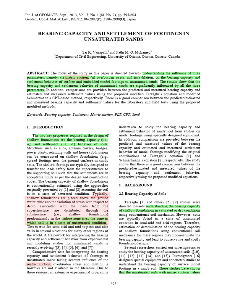 BEARING CAPACITY AND SETTLEMENT OF FOOTINGS IN Unsaturated Sand | PDF ...