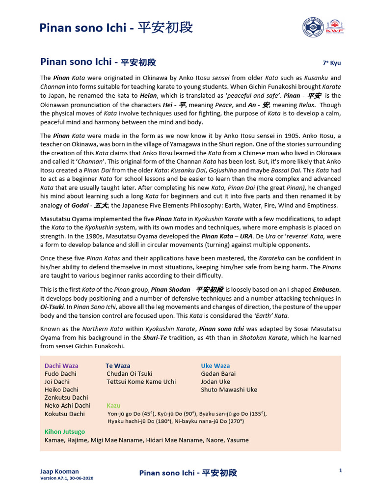 Pinan Sono Ichi V7 Download Free Pdf Karate Kata