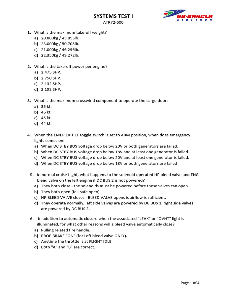 ATR72-600 Systems Test Quiz | PDF | Valve | Horsepower