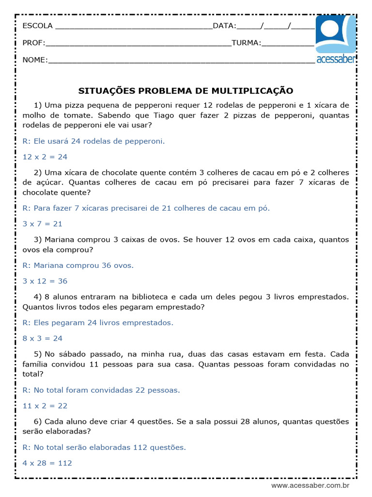 Atividade de Matematica Situacoes Problema de Multiplicacao 2 Ano e 3 ...