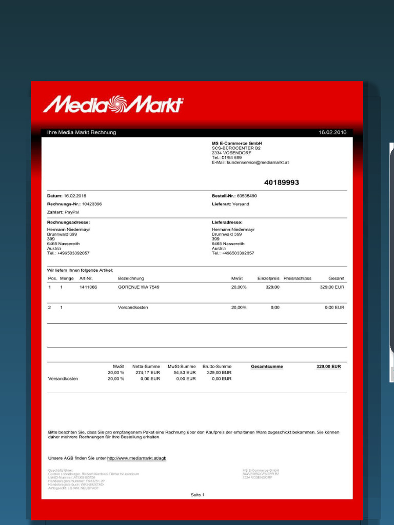 Rechnung Media Markt Waschmaschirne PDF