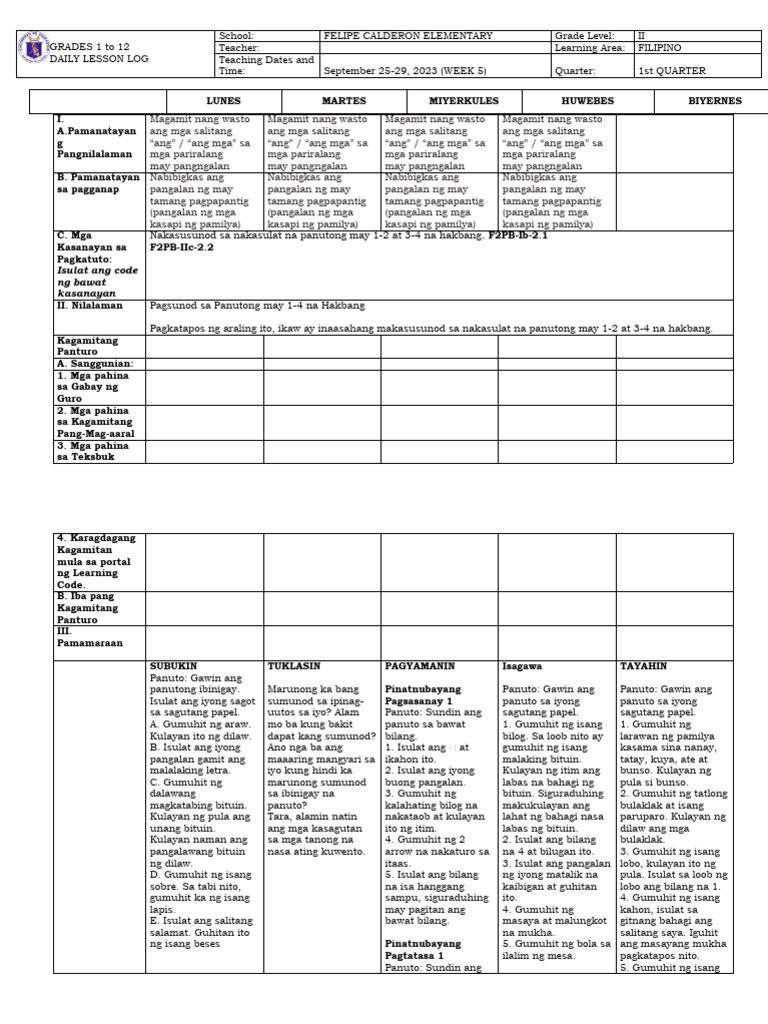 DLL - Filipino Q1 W5 | PDF