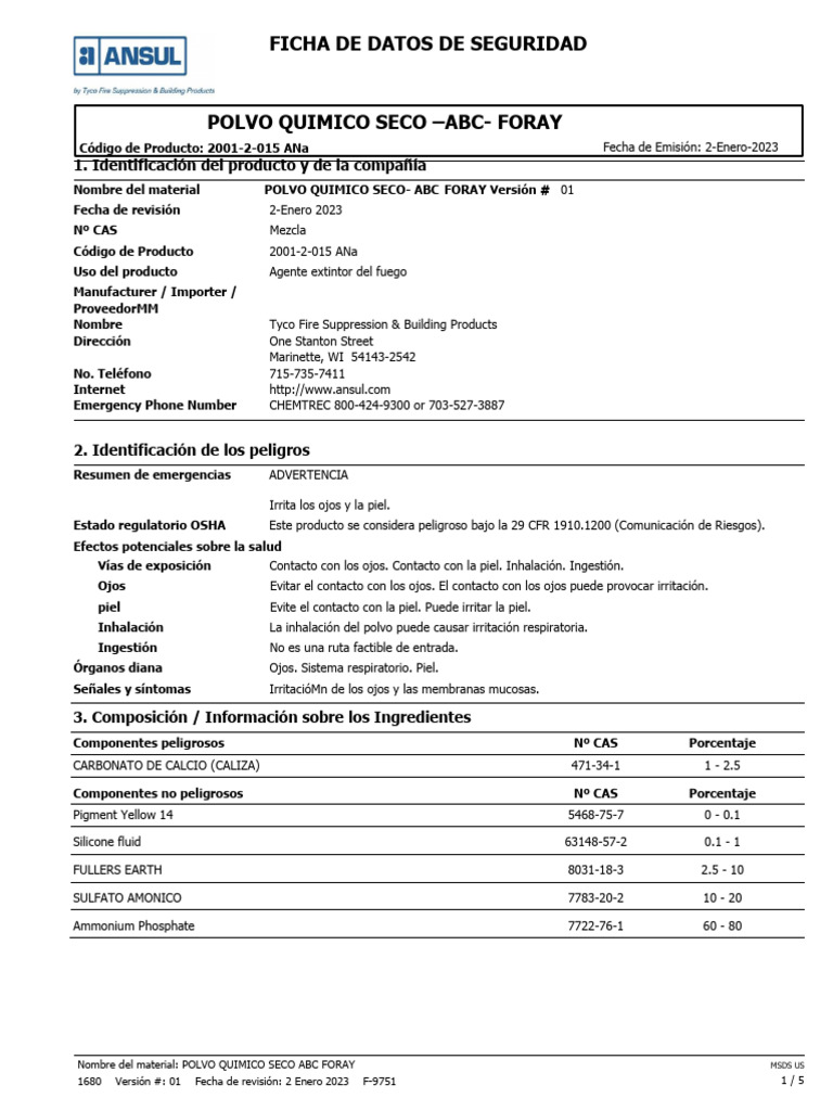 Hoja de Seguridad: Polvo Químico Seco ABC | PDF | Agua | Polvo