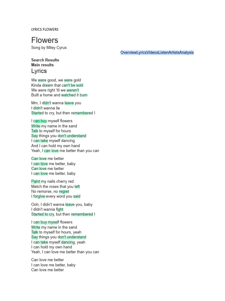 Lyrics Flowers Pdf