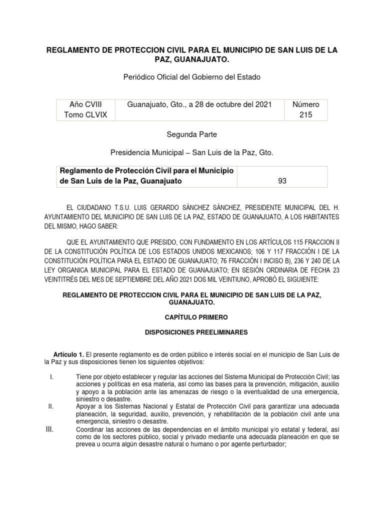 Reglamento de Proteccion Civil para El