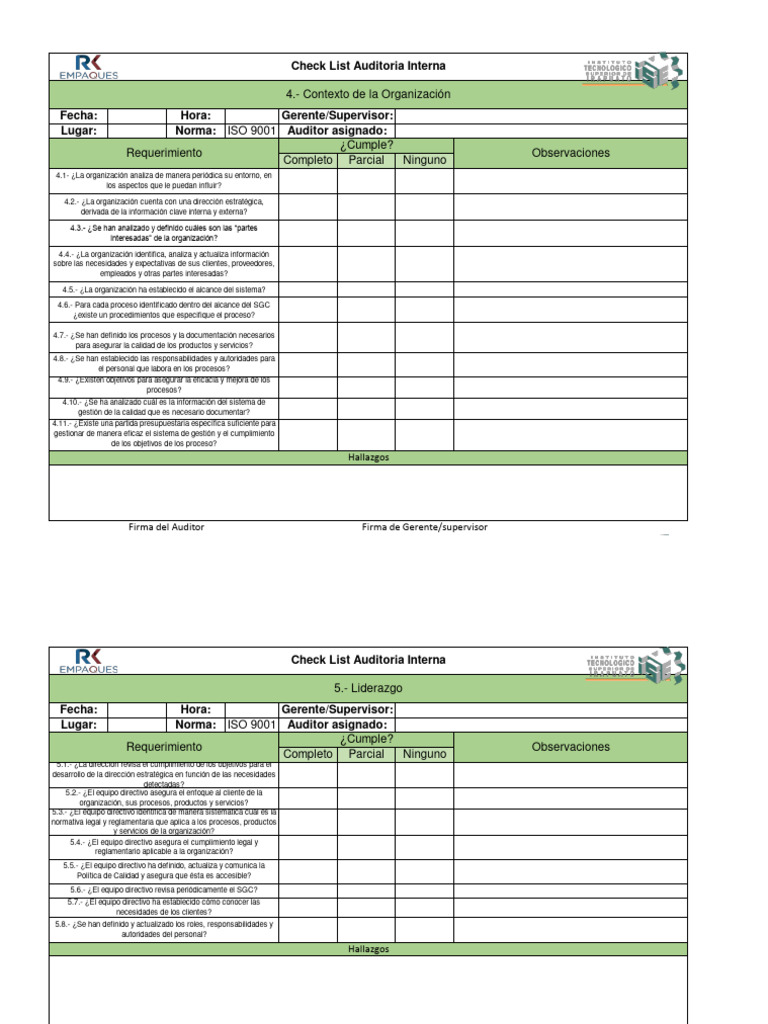 Checklist Auditoría Interna ISO 9001 | PDF | Calidad (comercial ...