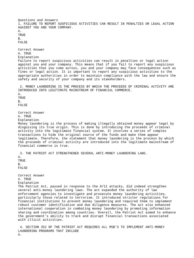AntiMoney Laundering Quiz Questions PDF Money Laundering Office