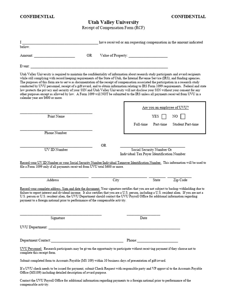 UVU Receipt of Compensation Form | PDF | Social Security Number ...