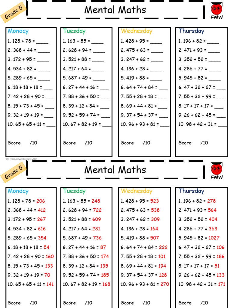Grade 5 Mental Maths Addition Worksheet 1 | PDF