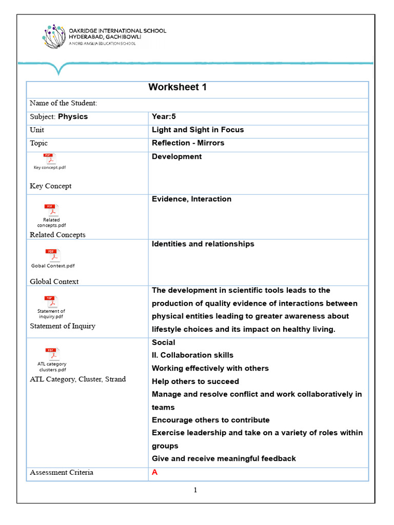Reflection and Light in Physics Worksheet | PDF | Science & Mathematics ...
