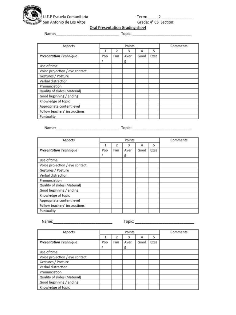Oral Presentation Grading Sheet PDF