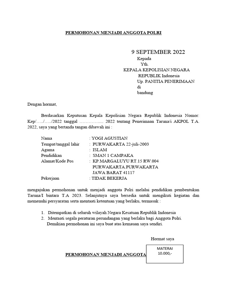 Surat Permohonan Anggota Polri 2023 | PDF