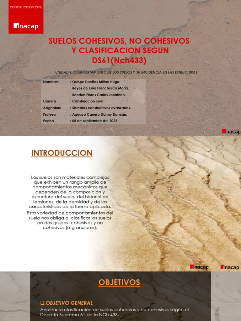 SUELOS COHESIVOS, NO COHESIVOS Y CLASIFICACION SEGÚN DS61 (Nch433 ...