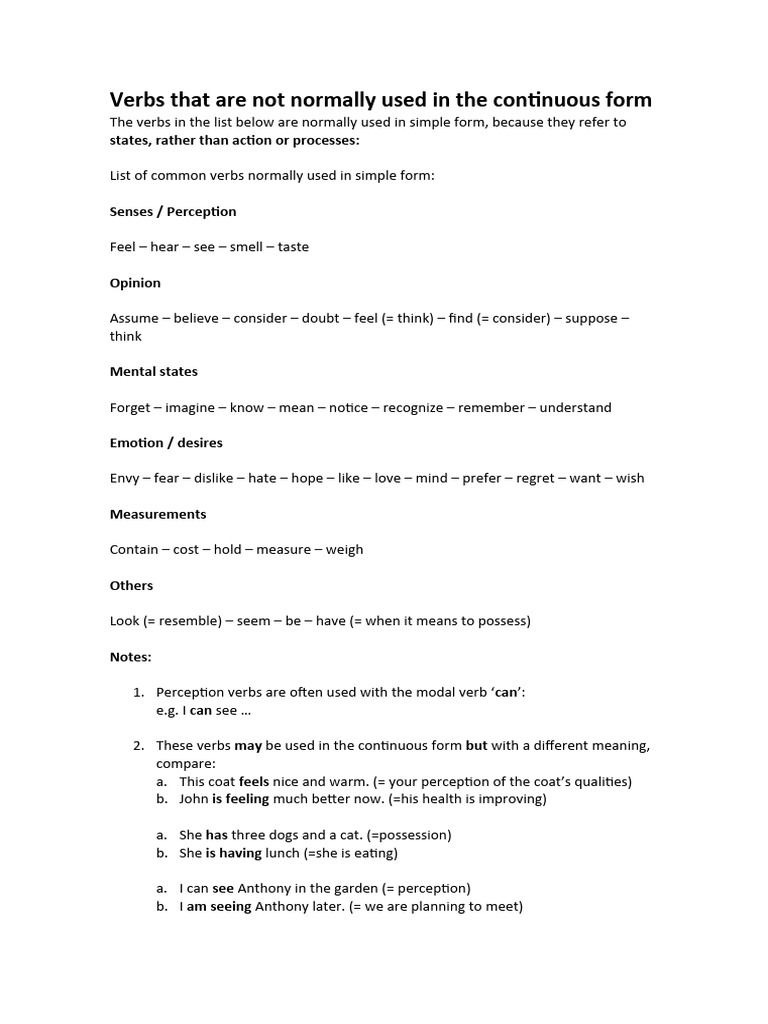 Verbs That Are Not Normally Used in The Continuous Form PDF
