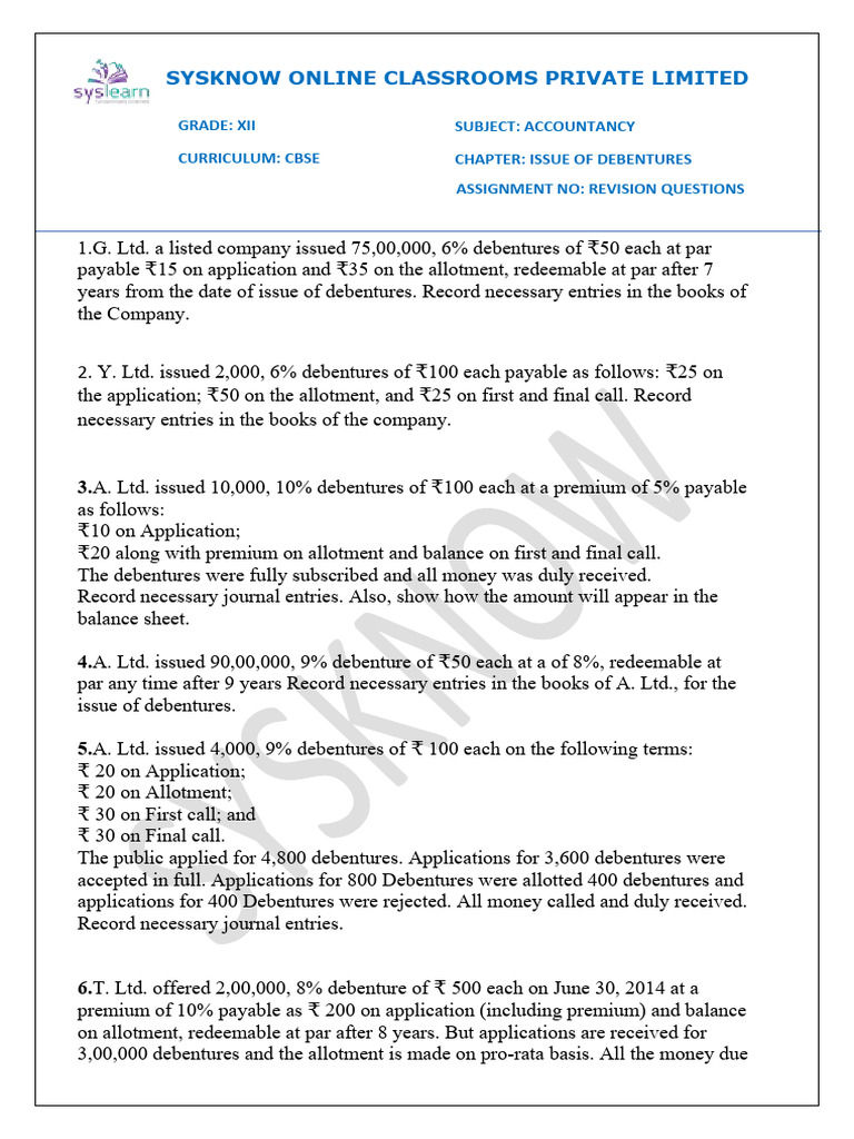 Issue Of Debentures Revision Questions Pdf Business Money