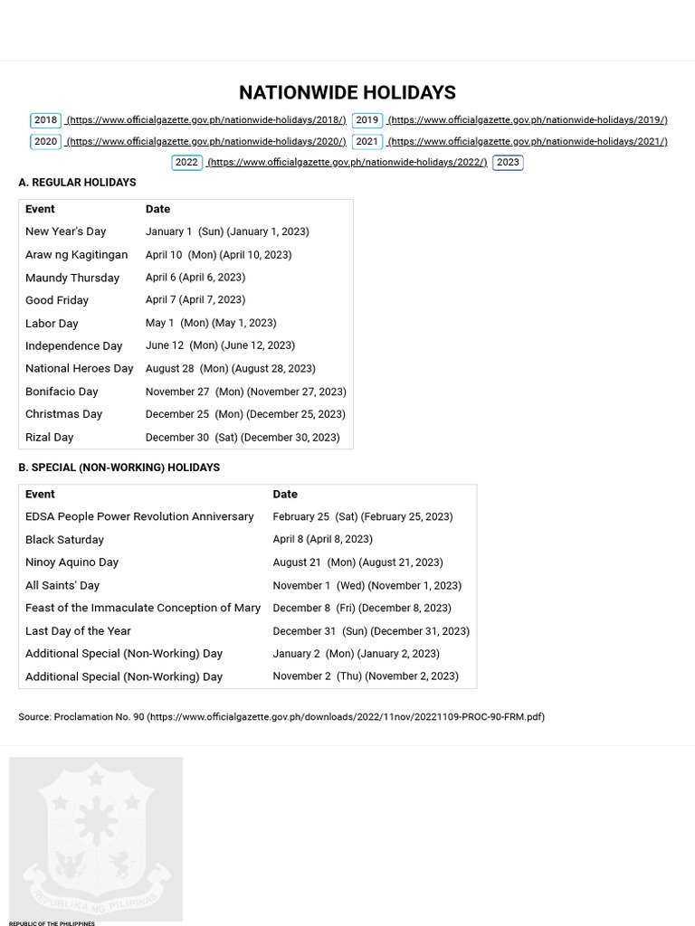 Holidays Official Gazette of The Republic of The Philippines PDF Government Philippines