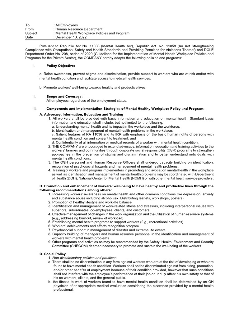 AGG Mental Health Workplace Policies and Program | PDF | Mental Health