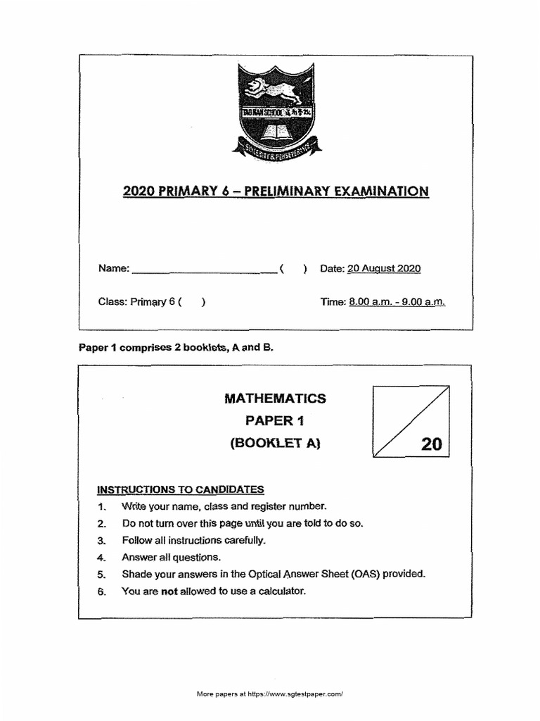 P6 Maths 2020 SA2 Tao Nan Exam Paper PDF
